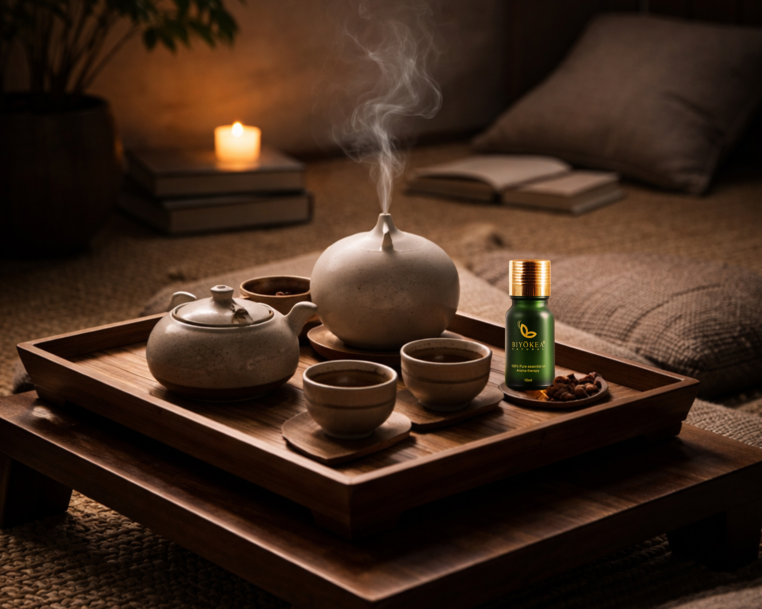 Tinh dầu thiên nhiên hương gỗ mang lại chiều sâu và sự tĩnh tại cho không gian đọc sách, thiền định.