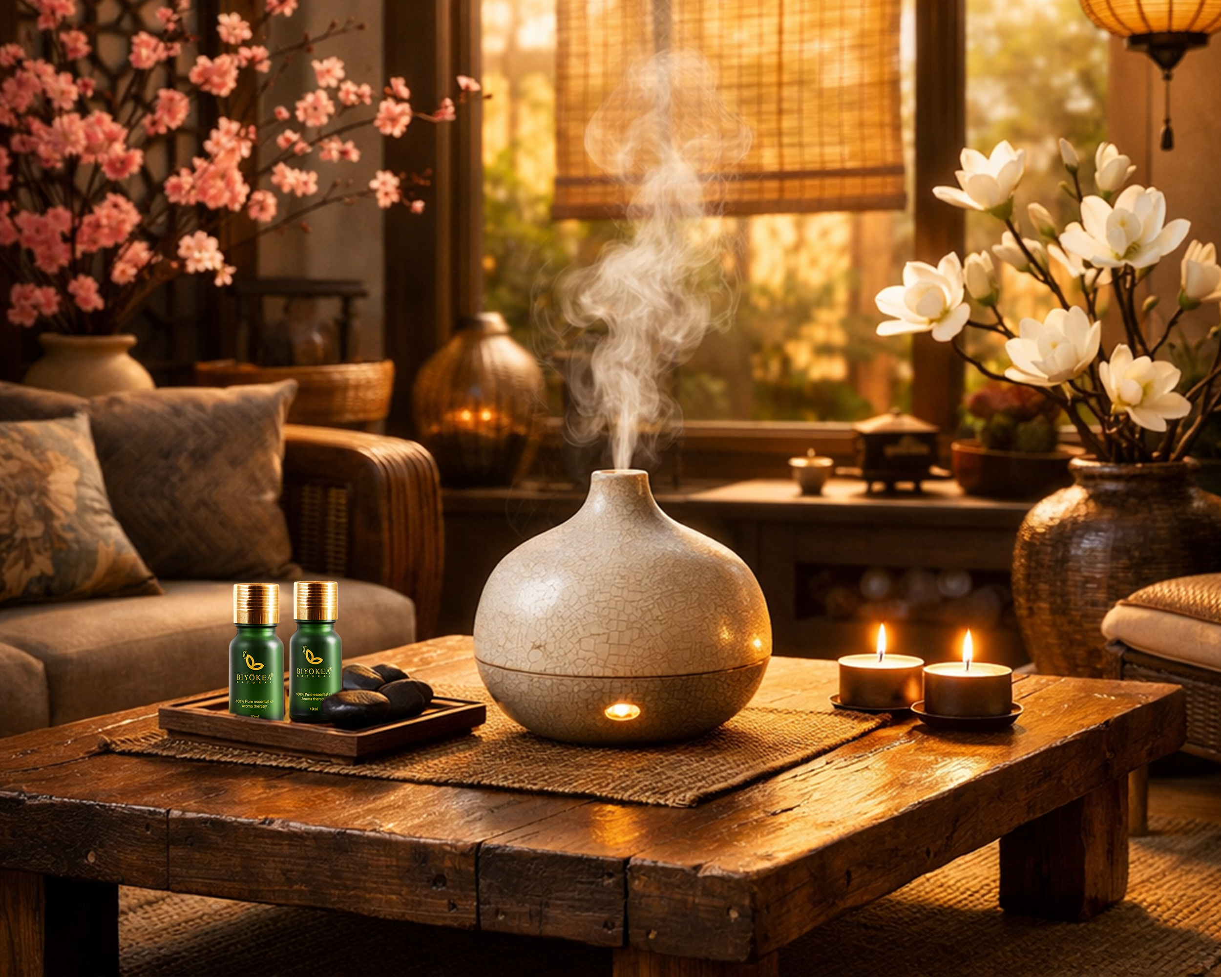 Tinh dầu thiên nhiên mang lại hơi ấm và sinh khí phong thủy cho không gian sống Á Đông.