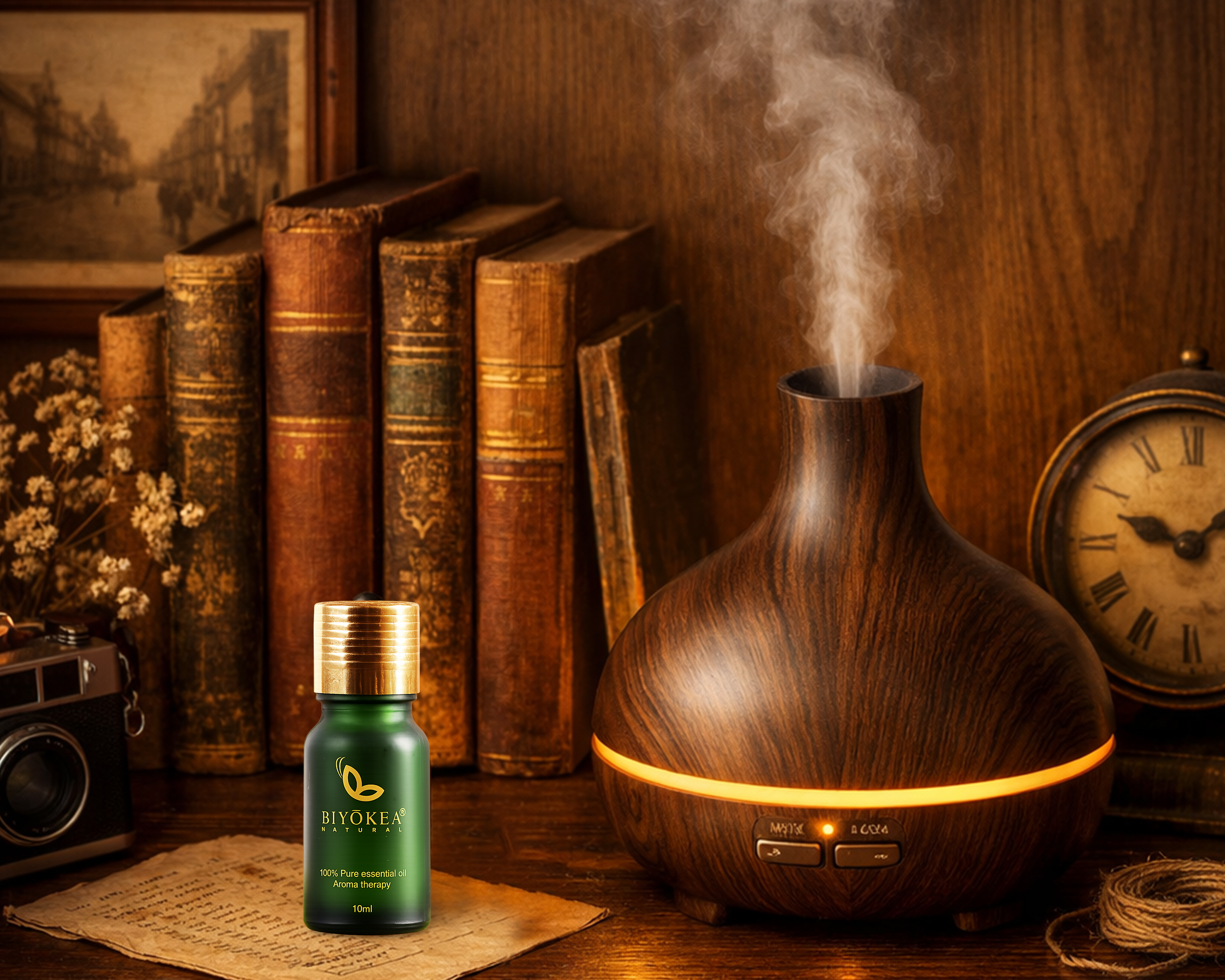 Tinh dầu xông phòng kết hợp cùng máy khuếch tán vân gỗ tạo điểm nhấn trang trí cổ điển cho ngôi nhà.