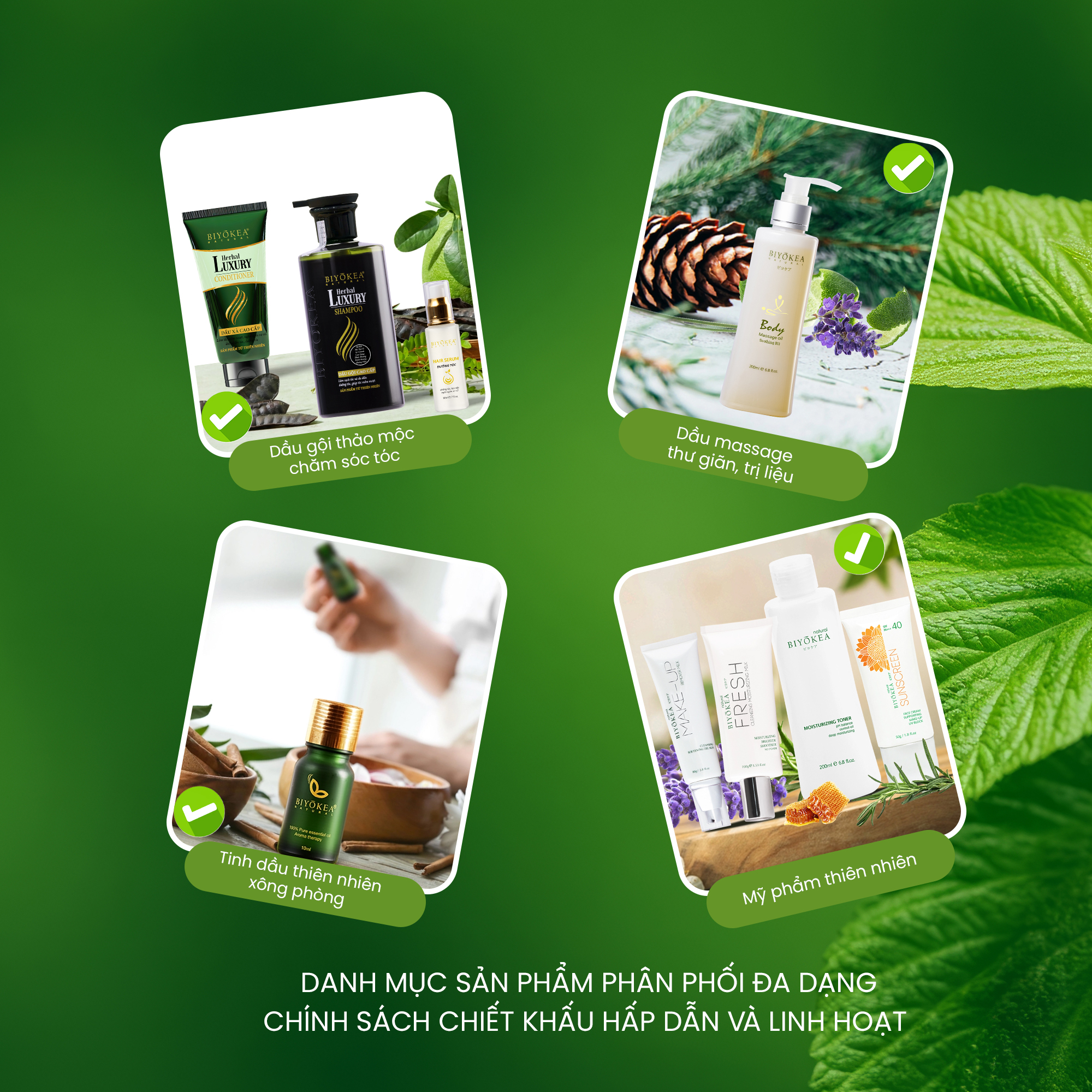 Đa dạng sản phẩm từ dầu massage đến tinh dầu và các mỹ phẩm thiên nhiên khác.